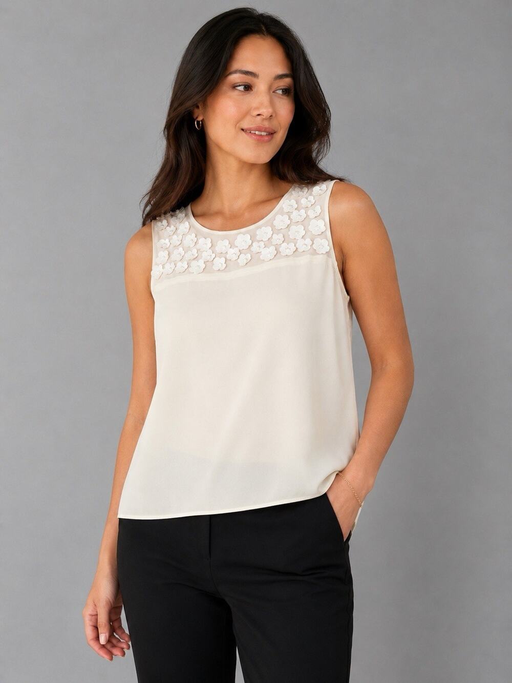 Ann Taylor Floral Applique Sleeveless Blouse Medium Ivory Sheer Dressy Tank Top